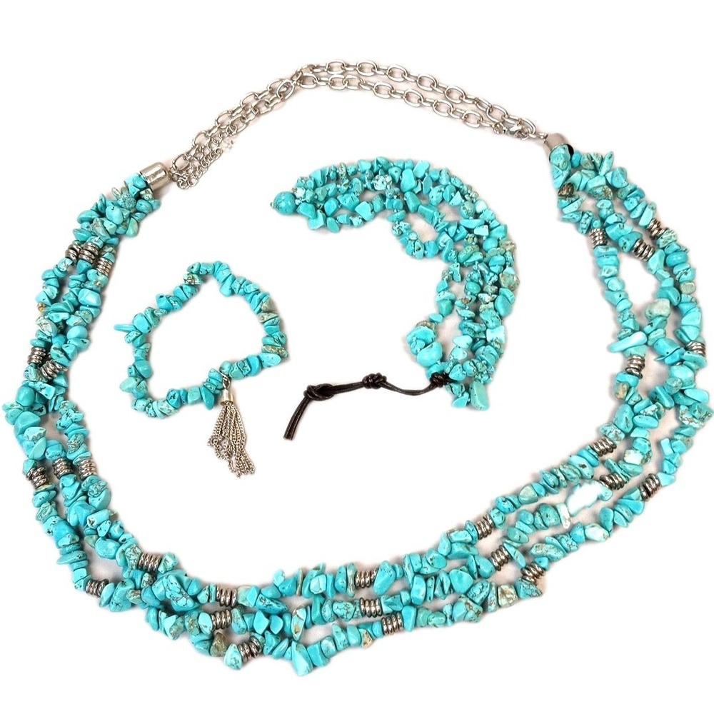 Vintage 3 Strands Turquoise  Beaded Necklace Bracelet And Ankle Bracelet Combo
